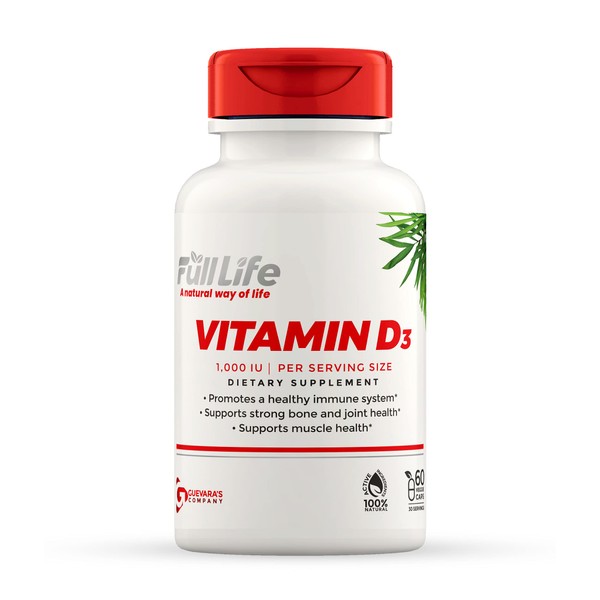 Full Life Vitamin D3 Supplements - Promote Immune Health - Strong Bone and Muscles, Joint Health - 100% Natural Capsules - 60 Veggie Capsules 25 mcg, 1000IU per Serving