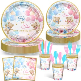 Avezano 168 PCS Bear Gender Reveal Decorations Blue and Pink Bear Plates Napkins Tableware Set We Can Bearly Wait Gender Reveal Decorations Supplies, Serves 24