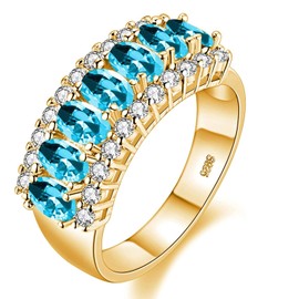 Uloveido Gold Plated Oval Cut Light Blue Cubioc Zircionia Wedding Band Promise Ring, 7 Stone Birthstone Ring Mother's Gifts J501 (Light Blue, Size 7)