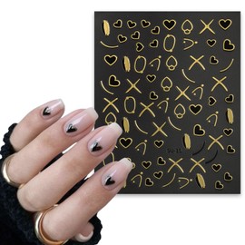 6 Sheets Heart Nail Art Stickers Star Nail Decals 3D Self-Adhesive Shiny Star Nail Decoration Gold Silver Black Heart Star Moon Line Nail Designs Charms for Women Acrylic Manicure DIY Nail Decor