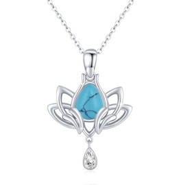 Cuoka Turquoise Lotus Necklace 925 Sterling Silver Lotus Flower Pendant Necklaces Meditation Protection Spiritual Yoga Gifts Jewelry for Women Girls with Gift Box