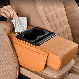 Multifunctional PU Leather Car Armrest Box Mat, Multifunctional Car Armrest Cushion, 5-in-1 Center Console Cover Cushion with 2 Storage Bags Cup Holder, Tissue Box Slots for Most Cars (Black)