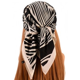 MINIDORA Satin Scarves for Women 27.5 × 27.5 inches Medium Square Elegant Silk Feeling Head Scarf C007-Zebra-stripe Black and Beige