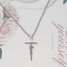 Faruodis Cross Love Pendant Necklace Vintage Love Letter Necklace Chain Jewelry for Women (Silver)