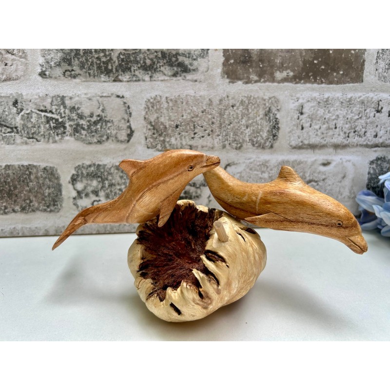 MAISONICA Dolphin Family Ornament Sculpture - Hand Carved Wooden Art