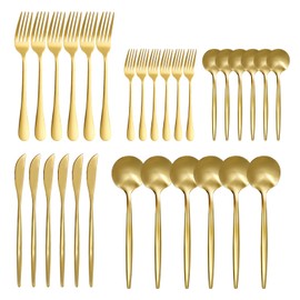 30 Piece Gold Silverware Set, Flatware Set for 6, Forks Spoons Set, Food-Grade Stainless Steel Cutlery Set (Gold)