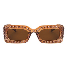 Antioquia Pearl Shape Rhinestone Oversized Rectangular Sunglasses RH-3201 (Brown Crystal)