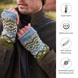 Pachamama Men Wool Hand Wrist Warmers Fleece Lined Handknitted Fairisle One-Size Handmade Thumbhole Thermal Extra Warm Fair Trade (Moss, One Size)