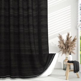 Craidlela Long Boho Farmhouse Shower Curtain Set with Tassel, Modern Bohemian French Country Chic Bathroom Shower Curtain Set, Linen Striped Textured Shower Curtain 72x78 - Black