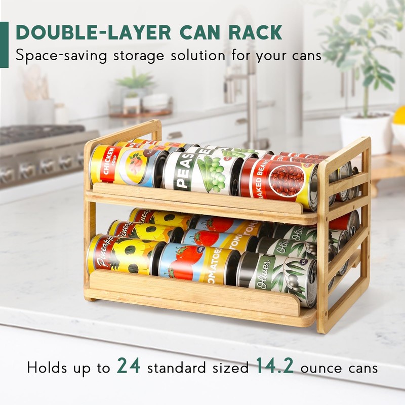Yumkfoi Rolling Bamboo Can Organizer Rack, Stackable Double-Layer Can Organizers