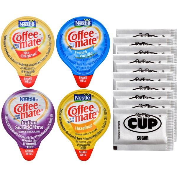 Coffee-Mate Liquid .375oz Variety Pack (4 Flavor) 100 Count includes Original, French Vanilla, Hazelnut, Italian Sweet Crème & By The Cup Sugar Packets