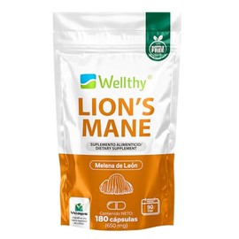 Wellthy Lions Mane 180 Cpsulas. Melena de Len 750mg cu, 1500mg por Porcin, 3 Meses de Consumo, VCaps Cpsulas Veganas                                  