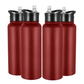 VEGOND 40 oz Insulated Water Bottle Bulk Stainless Steel Metal Water Bottles with Leak Proof Straw Lid & Spout Lid, Wide Mouth Double Walled Vacuum Travel Sports Bottle, Red 4 Pack