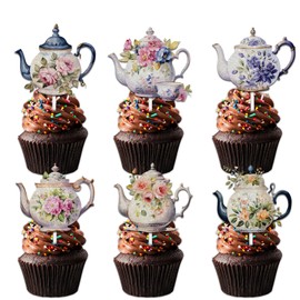 Teapot Dessert Cupcake Topper Pick for Afternoon Tea Theme Decorations children Happy Birthday Baby Shower Party Decor Supplies 18pcs Colorful Glitter