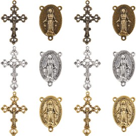 SUNNYCLUE 1 Box 60Pcs 6 Styles Rosary Cross Charms Crucifix Charm Easter Holiday Antique Silver Gold Bronze Oval Chandelier Links Rosary Bead Findings for Jewelry Making Charms Supplies DIY Necklaces