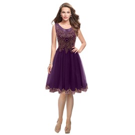 MILANO BRIDE Illusion Short Gold Appliques Tulle Cocktail Party Dress Homecoming Sweet 16 Dress - Purple - 16