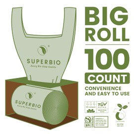 SUPERBIO 2.6 Gallon Compostable Bags with Handles, 100 Count,1 Pack, Food Scrap Bags Certified by BPI and OK compost INDUSTRIAL, 9.84L