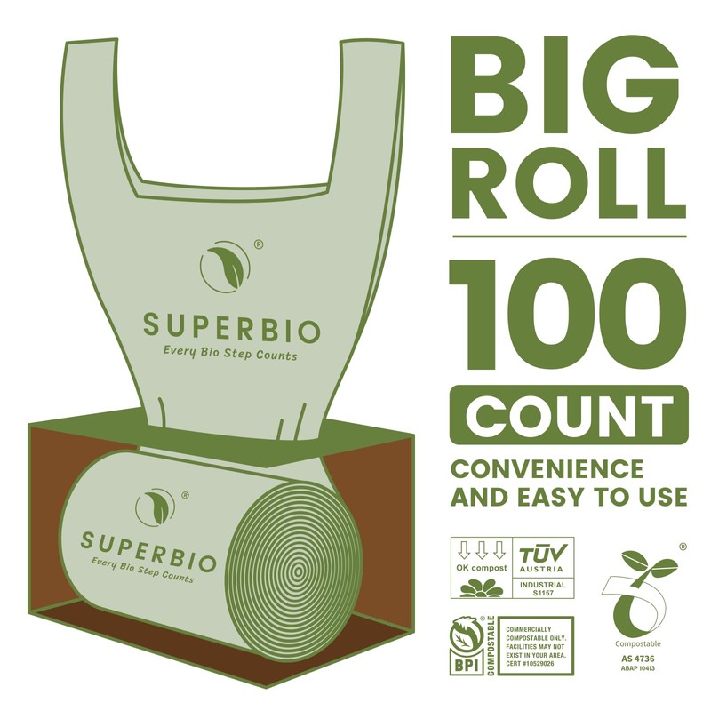 SUPERBIO 2.6 Gallon Compostable Bags with Handles, 100 Count,1 Pack,
