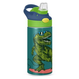 T-Rex Dinosaur Surfing Kids Water Bottle with Straw and Carry Handle Green Dragon Vacuum Insulated Stainless Steel Bottles Leak-Proof for Boys Girls Toddler 12 oz Green Lid
