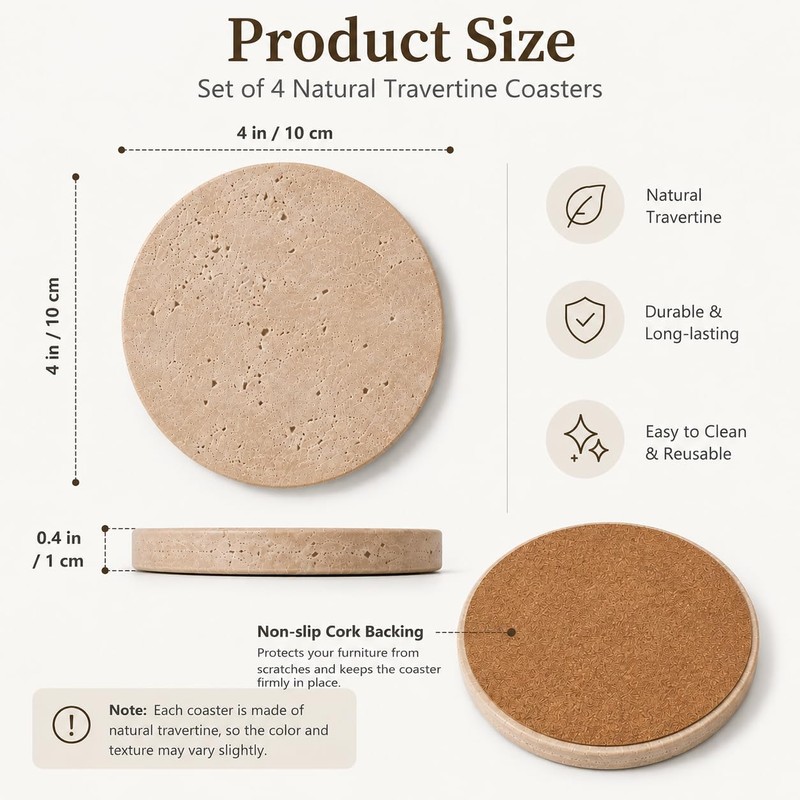4" Natural Travertine Stone Coasters Set of 4,Round Stone Cup