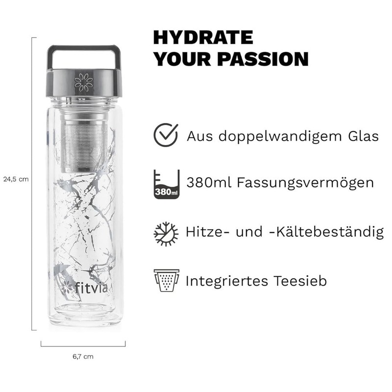 fitvia Thermal Flask "Silver Marble" 380 ml Double Glazing, Integrated