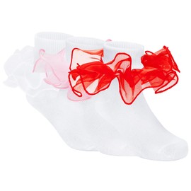 Zando Girls Ruffle Socks 8-10 Years Old Comfortable Pink Lace Socks for Girls Frilly Ankle Dress Socks Big Double Lace Turn Cuff Dress Socks White/Pink/Red 8-10 Years