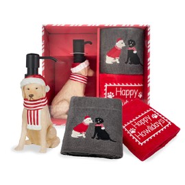 3-Piece Bathroom Accessory Set | Christmas Decor | Resin Soap Pump | 2 Embroidered Hand Towels | 3 Designs to Choose from | Box Set | Great Gift | for Bathroom, Kitchen, Any Countertop | (Happy Pup)