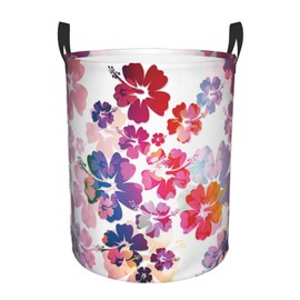 Hawaiian Flower Print Print Circular Protable Storage Bin Organizer Round Basket For Laundry Hamper With Handles