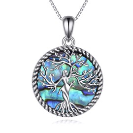 YAFEINI Tree of Life Necklace 925 Sterling Silver Chakra Lotus David Star Pendant Necklace Crystal Abalone Shell Tree Jewellery Gift for Women Girls Mum, Sterling Silver, Abalone