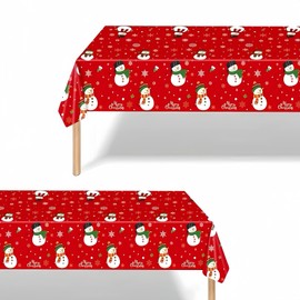 2 Christmas Snowman TableCloth,137x274cm Rectangle Large Plastic Red Tablecloth Snowman Xmas Tablecovers for Winter Holiday Party,Kids Xmas Party Dinner Table Cloths Snowman Party Tableware Decoration