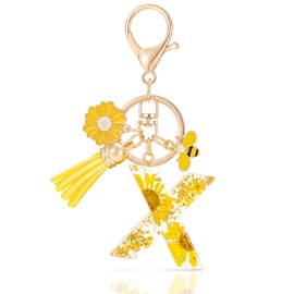 MWOOT Initial Letter X Keychain Resin Alphabet Keyrings,Yellow Petals Gold Foil Key Ring Charm with Daisy Bee Tassel Pendant,Key Chain for Women's Gift Ideas Wallet Purse Bag Handbag Decor(X)