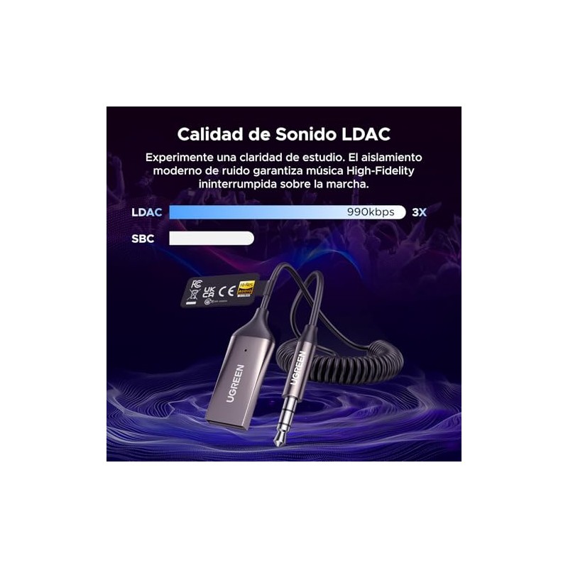 UGREEN Adaptador Aux a Bluetooth 6.0 para Coche con LDAC,