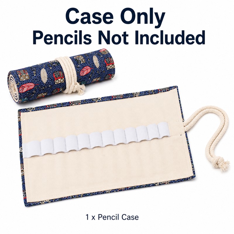 12-Slot Canvas Roll Up Pencil Case with Assorted Designs -