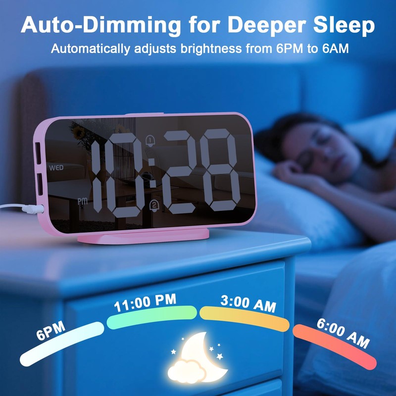 ALANAS Pink Mirror Digital Alarm Clock for Girls & Teens,