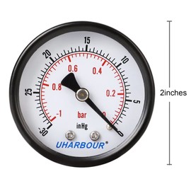 Uharbour Reliable Dual Scale Mechanical Pressure Gauge for Gas and Water (30InHg/0bar) with 1/4" BSPT Back Connection……