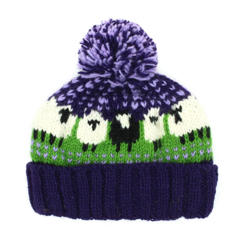 LOUDelephant Wool Knit Bobble Beanie Hat - Sheep - Green