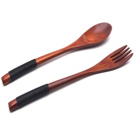 XMHF Wooden Spoons Forks Set Kitchen Tableware Dinnerware Flatware Natural Wood Cutlery Wooden Dinner Utensil Set, 2 Spoons and 2 Forks Black Tied Line
