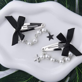 Bow Y2k Snap Hair Clips Silver Side Punk Hair Clips Pearl Bead Hair Clip Gothic Black Bownot Hair Pin Star Y2k Pearl Tassel Hair Barrettes No Slip Bow 200s Hair Accessories for Girls Women 2pcs