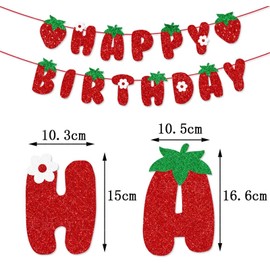 BIEUFBJI Strawberry Happy Birthday Banner, Glitter Strawberry Banner, Strawberry Theme Birthday Garland for Birthday Party Hanging Decorations