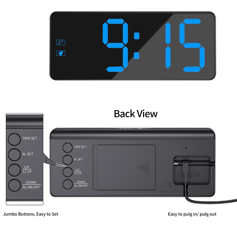 KWANWA Digital Alarm Clock with 3-Level Dimmer & Battery Backup