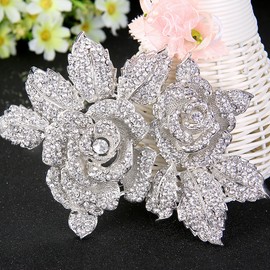 EVER FAITH Austrian Crystal 6 Inch Romantic Blooming Rose Flower Leaf Brooch Clear Silver-Tone