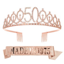 RUMIA Rose Gold 50th Birthday Crown & Sash for Women Glitter 50th Rhinestone Tiara Made in 1975 Sash 50th Birthday Gifts for Women 50th Birthday Decorations Party Supplies