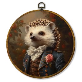 shiviody Vintage Whimsical Hedgehog Canvas Wall Art Decor, Rustic Moody Cottagecore Wild Animal Hedgehog Round Hanging Frame Prints Decorations for Home Bedroom Living Room 10"x10"