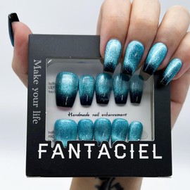 FANTACIEL 10 PCS Handemade Press On Nails Cat Eye Design Acrylic Nails Reusable Short Coffin Fake Nails Gradient Blue 8 S