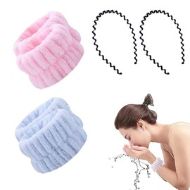 Pack of 4 Skin Cuffs with 2 Hair Bands, Face Wash Cuffs, Flannel Wrist Wraps Face Wash, Absorbent Wrist Wraps for Skincare, Yoga, Spa, Shower