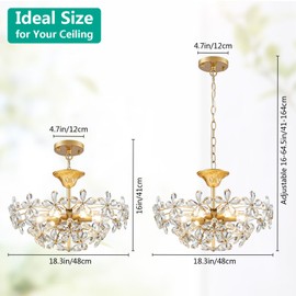 GlowEasely Flower Chandelier for Dining Room, Gold Pendant Lighting Fixture, 6-Light Modern Pendant Chandelier, E12 Socket, D18.3xW16xH64.5
