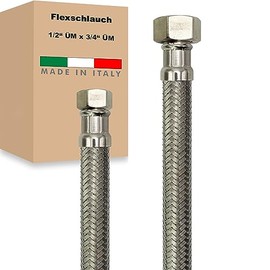 Flexible Hose Nut x Nut Stainless Steel Reinforced Hose Connection Hose Sanitary Tap Hose Domestic Waterworks Made in Italy (1/2 Inch x 3/4 Inch - 1500 mm)