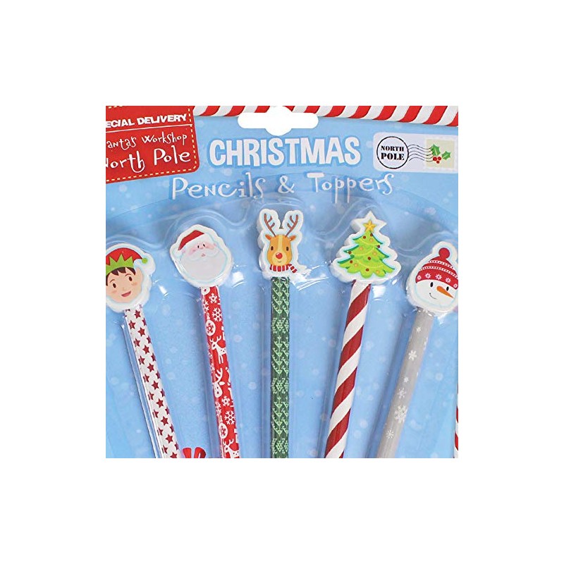 5 Pack Christmas Pencils with Novelty Character Eraser Tops
