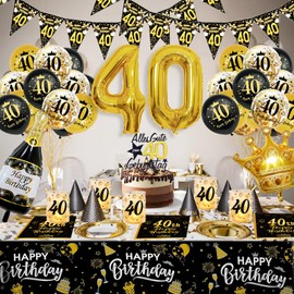 WINAROI 40th Birthday Decoration Men Women 40th Black Gold Birthday Decoration Balloons with Lantern Table Decoration Napkins Table Cloth Decoration 40th Birthday Balloons Birthday Party Decoration