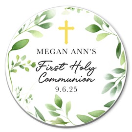First Holy Communion Stickers, Custom Baptism or Christening Labels, Greenery God Bless Stickers, Thank You Labels for Favor Gift Bags, Port of Reverie Company (Greenery)